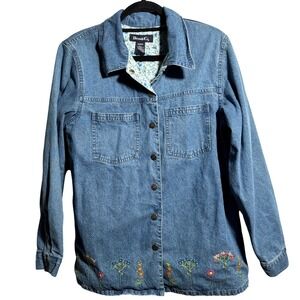 VTG Denim Shirt Jacket Embroidered Flowers Snap Buttons Womens M 90s Cottage Gma